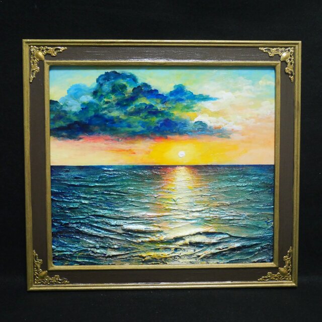油絵【Sea at Dusk】夕暮れの海 ｜ フレーム付 原画 玄関・寝室の彩り