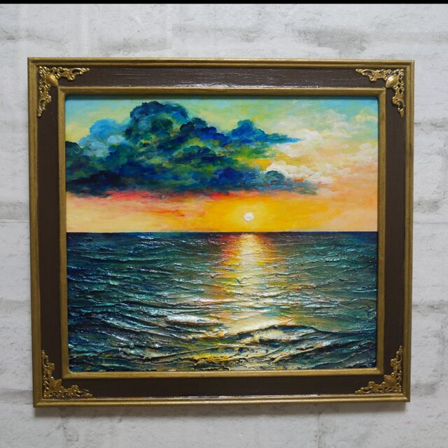 油絵 絵画【夕暮れ海】 油絵【Sea at Dusk】夕暮れの海 ｜ フレーム付 原画 玄関・寝室の彩り