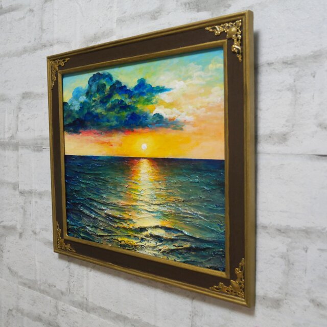 油絵【Sea at Dusk】夕暮れの海 ｜ フレーム付 原画 玄関・寝室の彩り