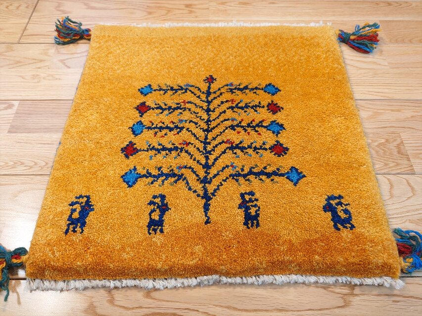 ペルシャ ギャッベ ミニマット ラグ 横43x43㎝ 黄金色 生命の木 鹿