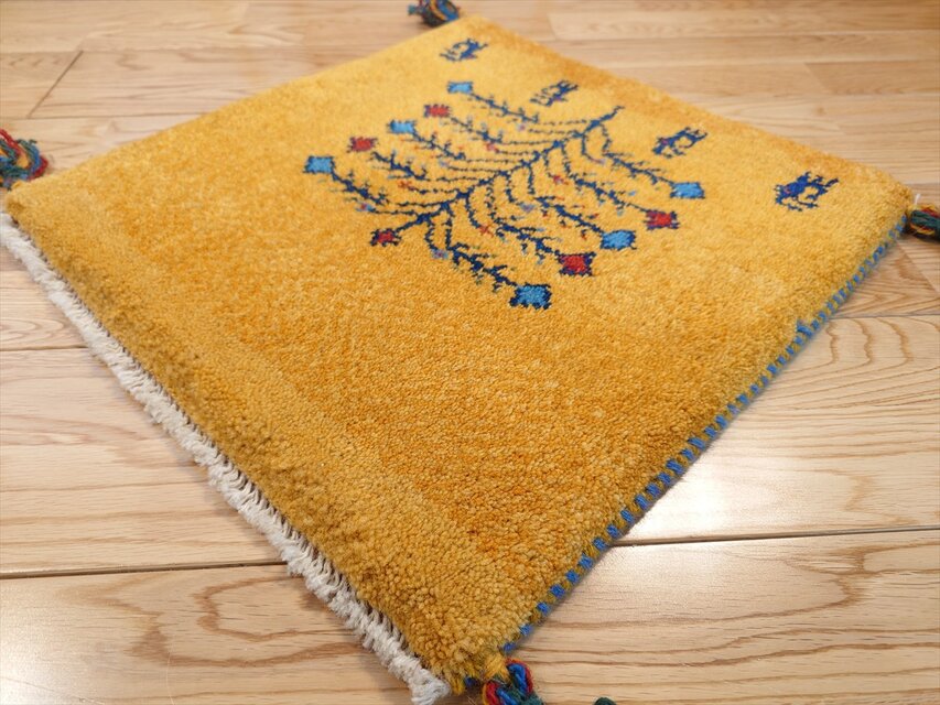 ペルシャ ギャッベ ミニマット ラグ 横43x43㎝ 黄金色 生命の木 鹿