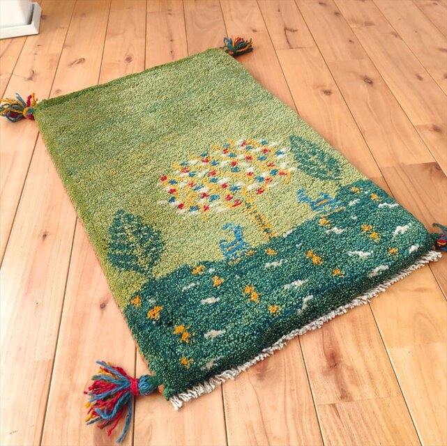 ペルシャ ギャッベ 玄関マット小 ラグ 58x39cm 緑色 風景 生命の木