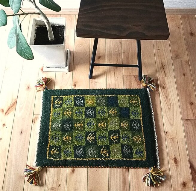 ペルシャ ギャッベ 玄関マット小 ラグ 54x37cm 緑色 黄緑色 タイル