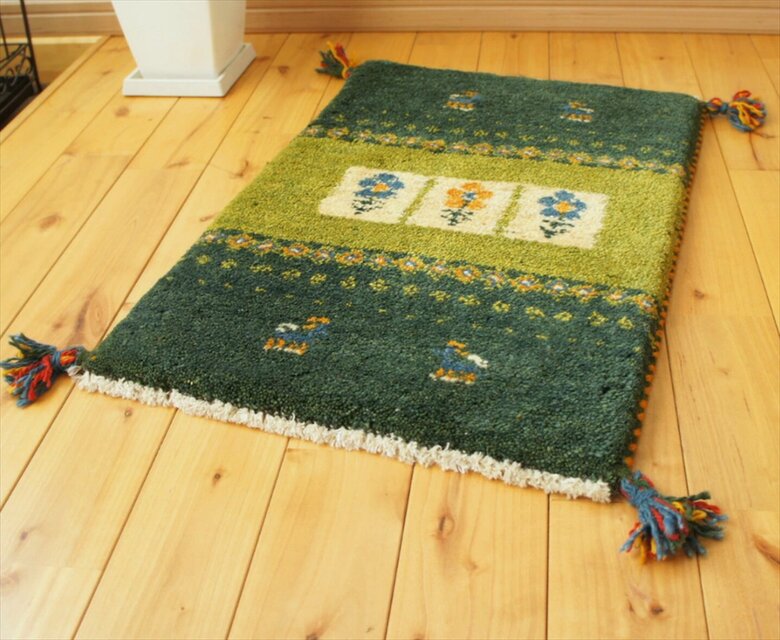 ペルシャ ギャッベ 玄関マット小 ラグ 60x42cm 緑色 花 ヤギ NN19431