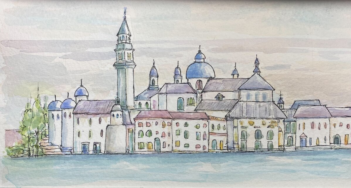水辺の教会(イタリア、ヴェネツィア、水彩画、原画、額付き) | iichi