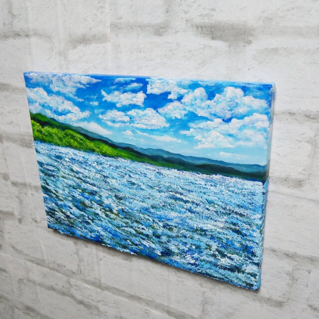 油絵 原画【蒼天と青い花】空と花畑の風景画 絵画 油彩画 インテリア