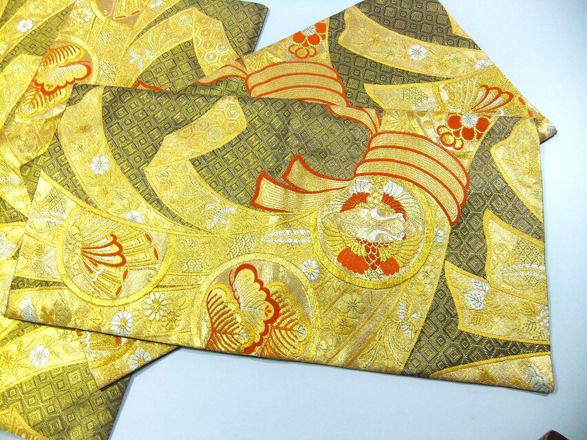table runner 「花籠吉鳥」　帯リメイク 　長長尺270㎝　正絹 16)2427】約30×59cm/佐賀錦/テーブルセンター/和風/帯リメイク/日本製