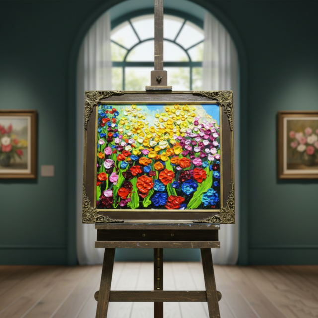 原画】油絵「colorful flower garden」色紙/ 鮮やかな花畑の風景画