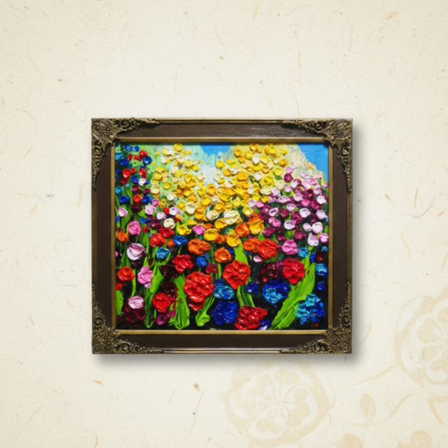 原画】油絵「colorful flower garden」色紙/ 鮮やかな花畑の風景画