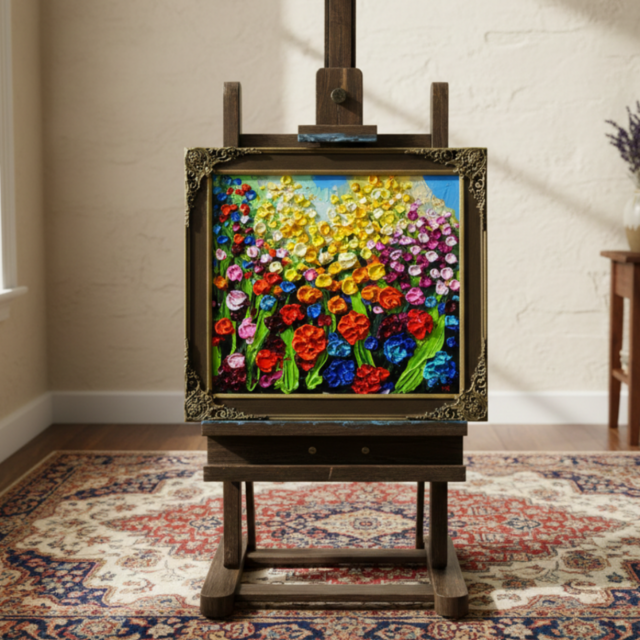 原画】油絵「colorful flower garden」色紙/ 鮮やかな花畑の風景画