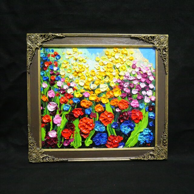 原画】油絵「colorful flower garden」色紙/ 鮮やかな花畑の風景画
