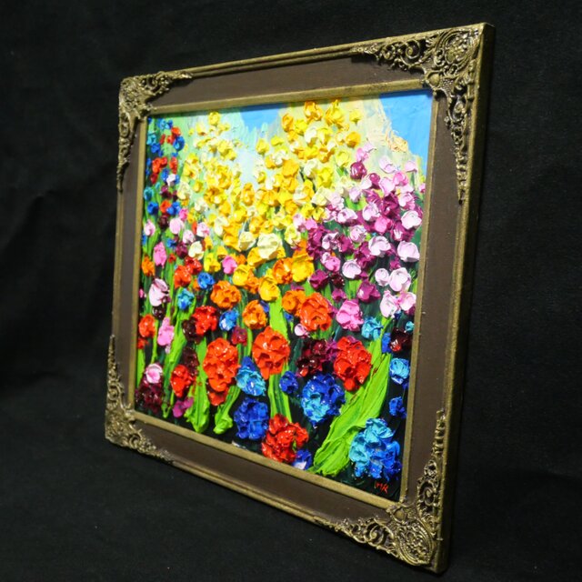 原画】油絵「colorful flower garden」色紙/ 鮮やかな花畑の風景画