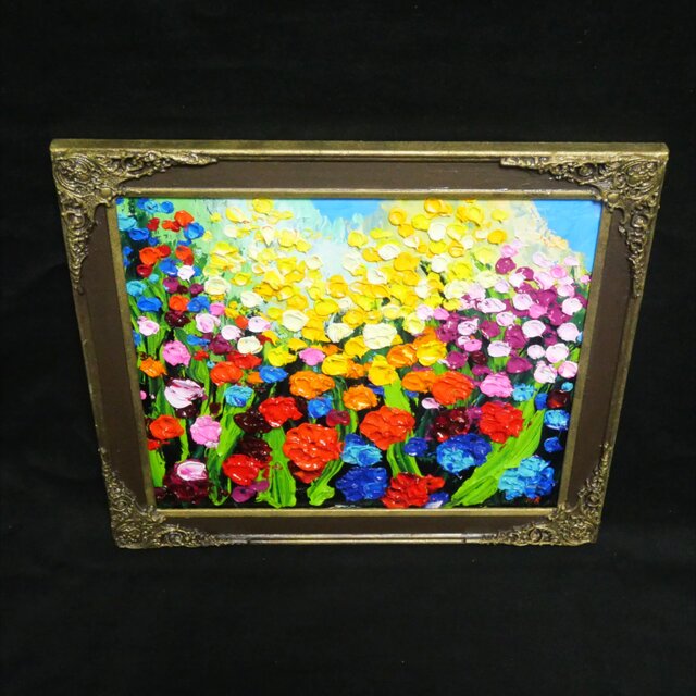 原画】油絵「colorful flower garden」色紙/ 鮮やかな花畑の風景画