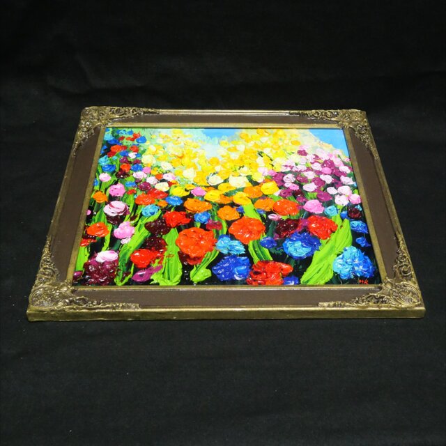 原画】油絵「colorful flower garden」色紙/ 鮮やかな花畑の風景画