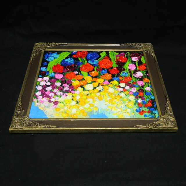 原画】油絵「colorful flower garden」色紙/ 鮮やかな花畑の風景画