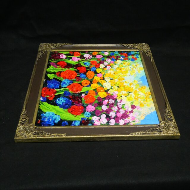 原画】油絵「colorful flower garden」色紙/ 鮮やかな花畑の風景画