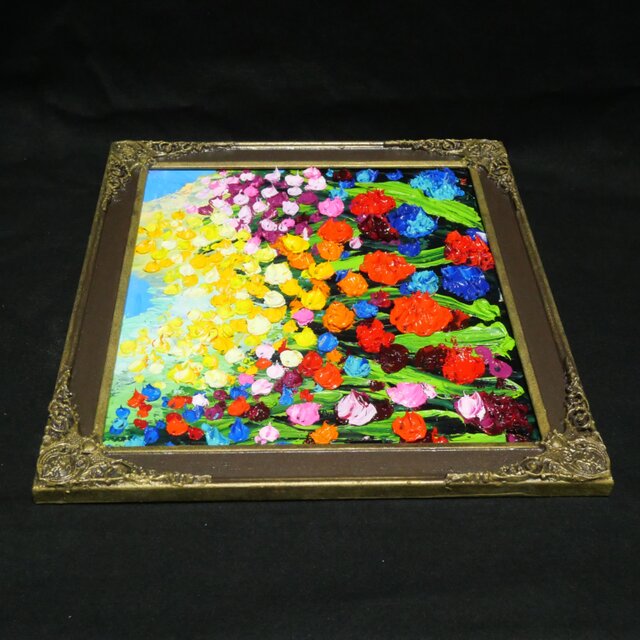 原画】油絵「colorful flower garden」色紙/ 鮮やかな花畑の風景画