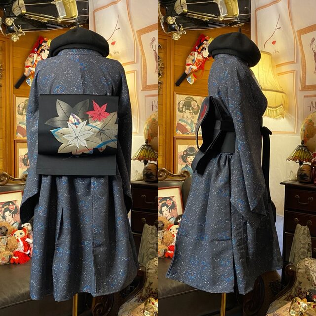 着物 ミニ丈 ワンピース ドレス 和ロリ 2部式作り帯 名古屋帯 お太鼓