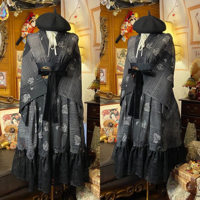 a*a様 着物　帯　リメイク　ロングワンピース　ケープ　セット 夏着物 ミニ丈 ワンピース ドレス 和ロリ 2部式作り帯 名古屋帯 お太鼓