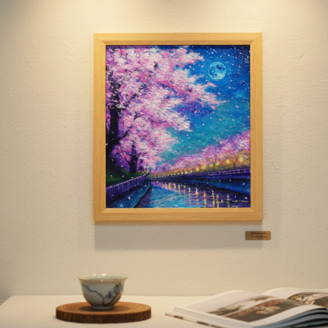 油絵【青い満月の夜桜】原画 油彩画 絵画 風景画 夜景 桜アート 春