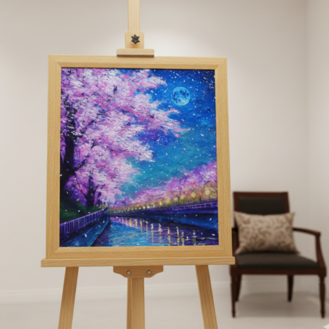 風景画 油彩画 紫と青の色合い 油絵【青い満月の夜桜】原画 油彩画 絵画 風景画 夜景 桜アート 春