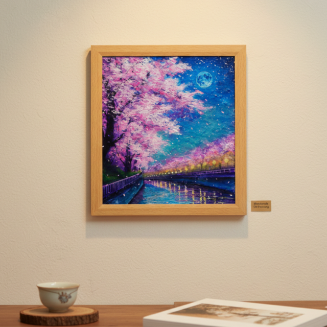 油絵【青い満月の夜桜】原画 油彩画 絵画 風景画 夜景 桜アート 春