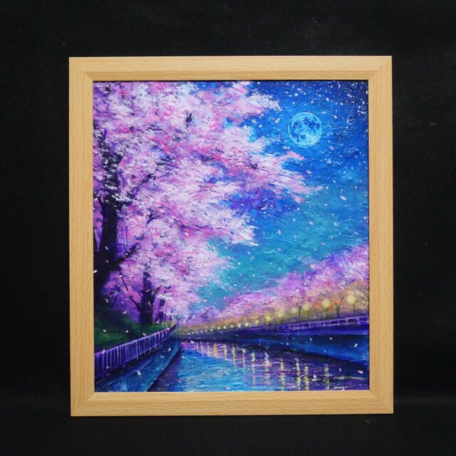 風景画 油彩画 紫と青の色合い 油絵【青い満月の夜桜】原画 油彩画 絵画 風景画 夜景 桜アート 春