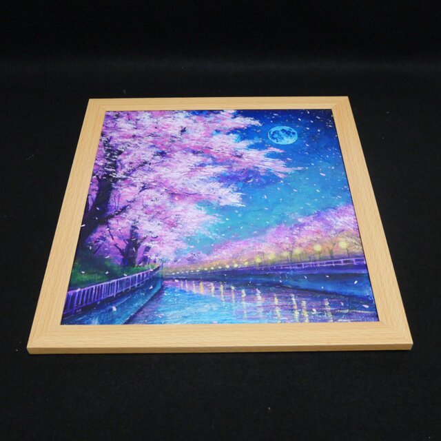 油彩画 油絵【青い満月の夜桜】原画 油絵　満月　桜 絵画 春 桜アート 夜景 風景画 絵画