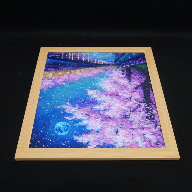 油絵【青い満月の夜桜】原画 油彩画 絵画 風景画 夜景 桜アート 春