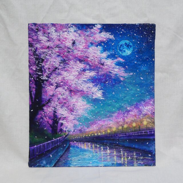 油絵【青い満月の夜桜】原画 油彩画 絵画 風景画 夜景 桜アート 春