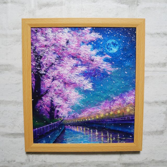 油絵【青い満月の夜桜】原画 油彩画 絵画 風景画 夜景 桜アート 春