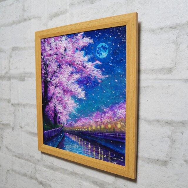 油絵【青い満月の夜桜】原画 油彩画 絵画 風景画 夜景 桜アート 春
