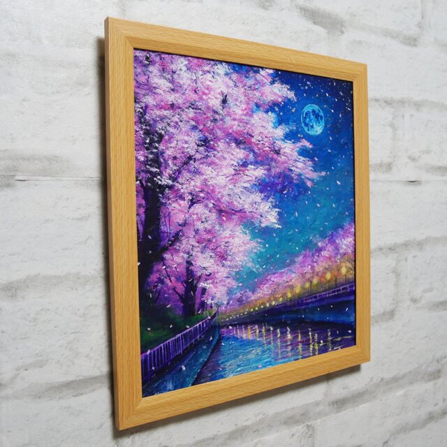 風景画 油彩画 油絵 額縁 壁掛け 油絵【青い満月の夜桜】原画 油彩画 絵画 風景画 夜景 桜アート 春