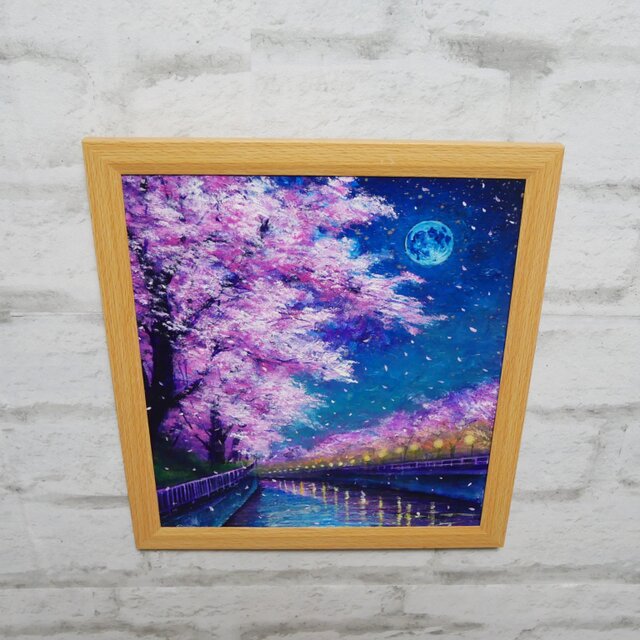 油絵【青い満月の夜桜】原画 油彩画 絵画 風景画 夜景 桜アート 春