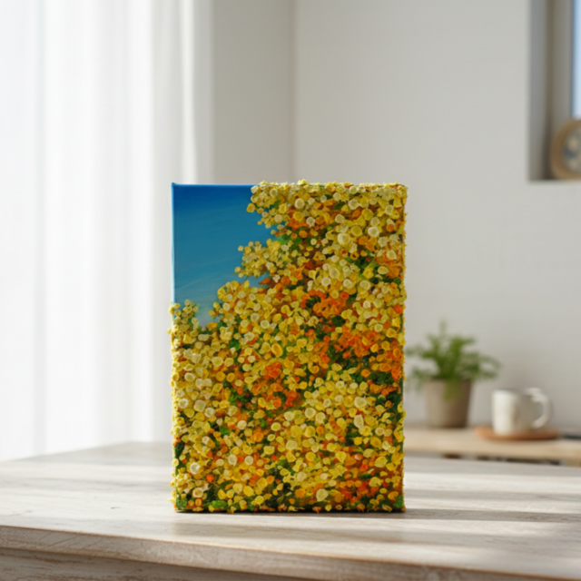 原画】油絵「青い空とミモザ」北欧インテリアに馴染む花の絵画 ｜新築