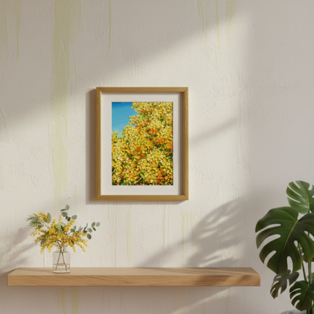 原画】油絵「青い空とミモザ」北欧インテリアに馴染む花の絵画 ｜新築