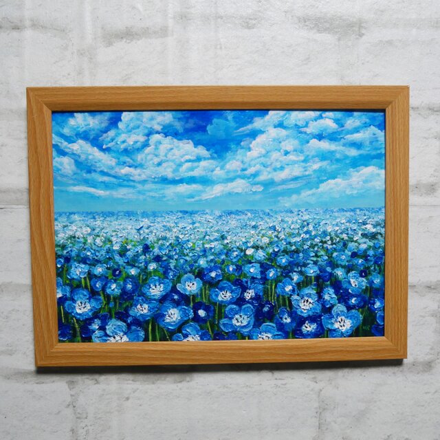 油絵 原画『空と雲のネモフィラ』A4 額縁付き 癒しの青 油絵 原画『空と雲のネモフィラ』風景画 花の絵 青空 青い花 一点物