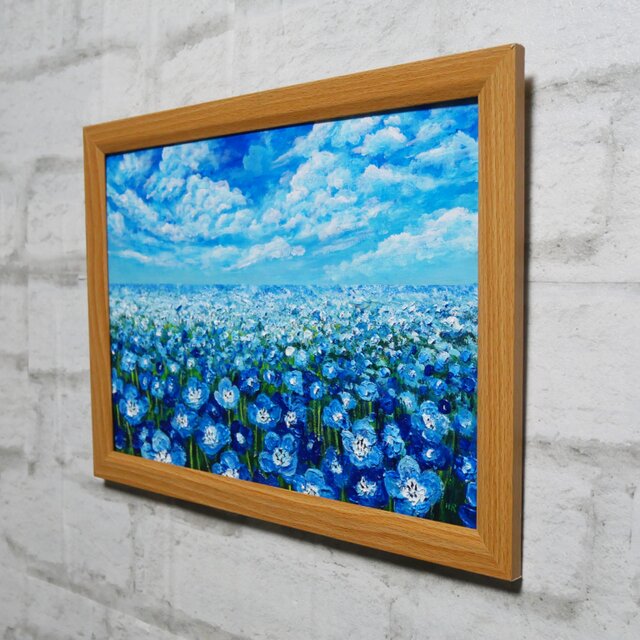 油絵 絵画【蒼天と青い花】F4号 ネモフィラ 額縁なし（壁掛け金具付き） 油絵 原画『空と雲のネモフィラ』風景画 花の絵 青空 青い花 一点物