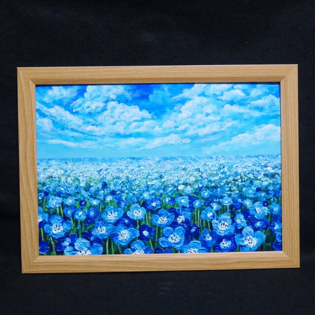 油絵 原画『空と雲のネモフィラ』風景画 花の絵 青空 青い花 一点物