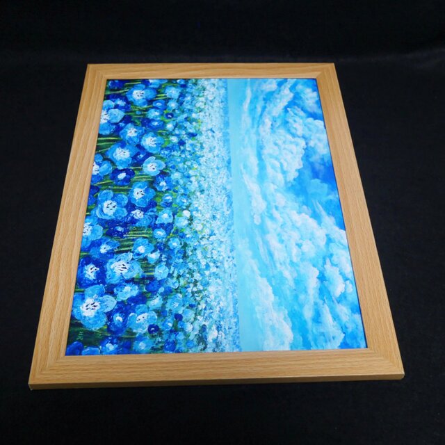 絵画　油絵　原画　一点物　花　ポップ　ブルー　　アート　インテリア　SM 油絵 原画『空と雲のネモフィラ』風景画 花の絵 青空 青い花 一点物