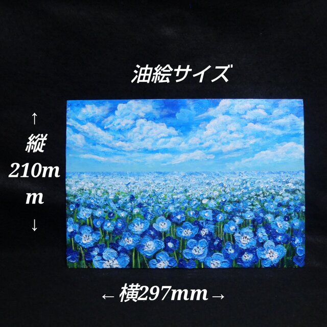 油絵 原画『空と雲のネモフィラ』風景画 花の絵 青空 青い花 一点物