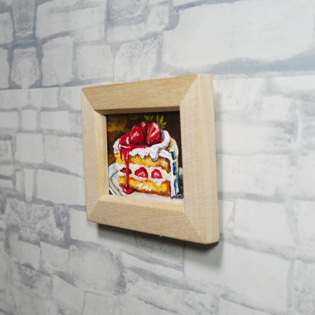 油絵 ミニ絵画額付き【ショートケーキ】手のひらサイズ 原画 油彩画