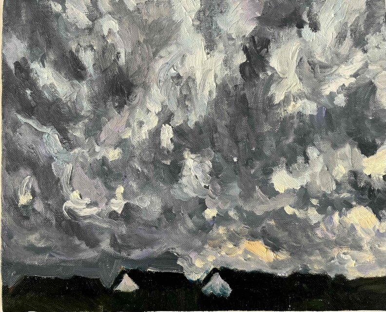 油彩画 原画「近所の風景 空 20262」アート 絵画 22×27㎝ F3