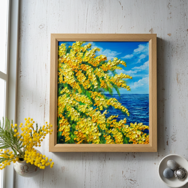 一点物】油彩画「ミモザの海」光り輝く海とミモザの共演 | iichi 日々