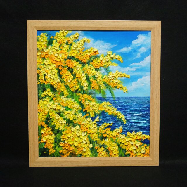 【お客】油絵 絵画【ミモザの海】原画 額縁・ラッピング付 春の風景画 一点物】油彩画「ミモザの海」光り輝く海とミモザの共演 | iichi 日々