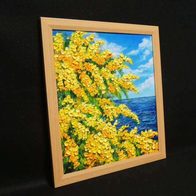 一点物】油彩画「ミモザの海」光り輝く海とミモザの共演 | iichi 日々