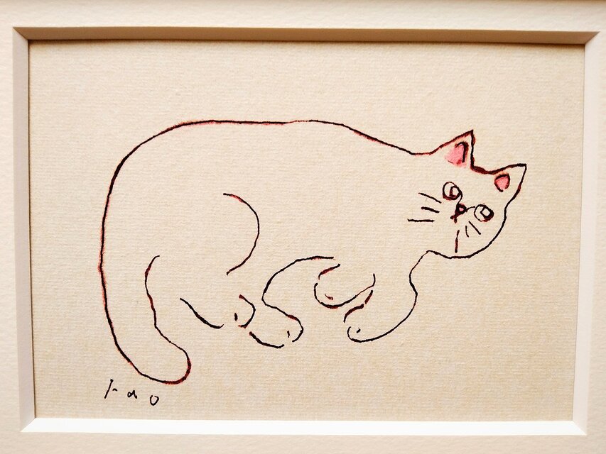 一点物 原画「白猫∣ドローイング」 2L木製額縁入り・ペン画・水彩