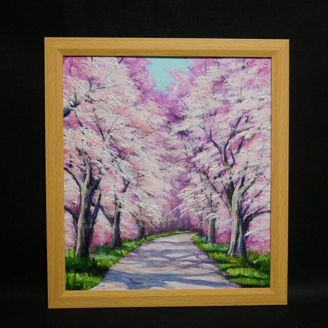 満開の桜のトンネル 油絵【原画】 一点物 春 桜並木 油彩画 絵画