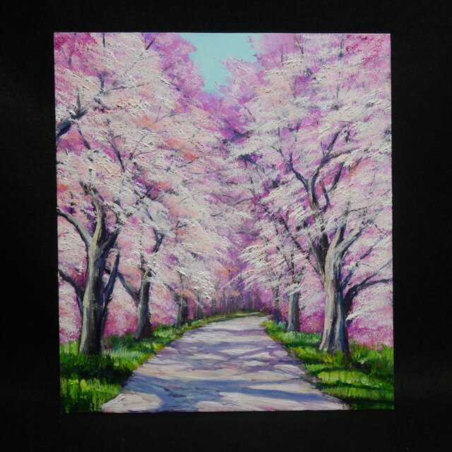 満開の桜のトンネル 油絵【原画】 一点物 春 桜並木 油彩画 絵画