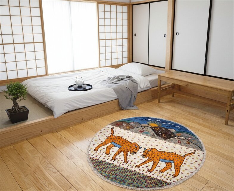 ペルシャ ギャッベ アマレバフト 円形 ラグ 100Φ100cm 風景 2匹の